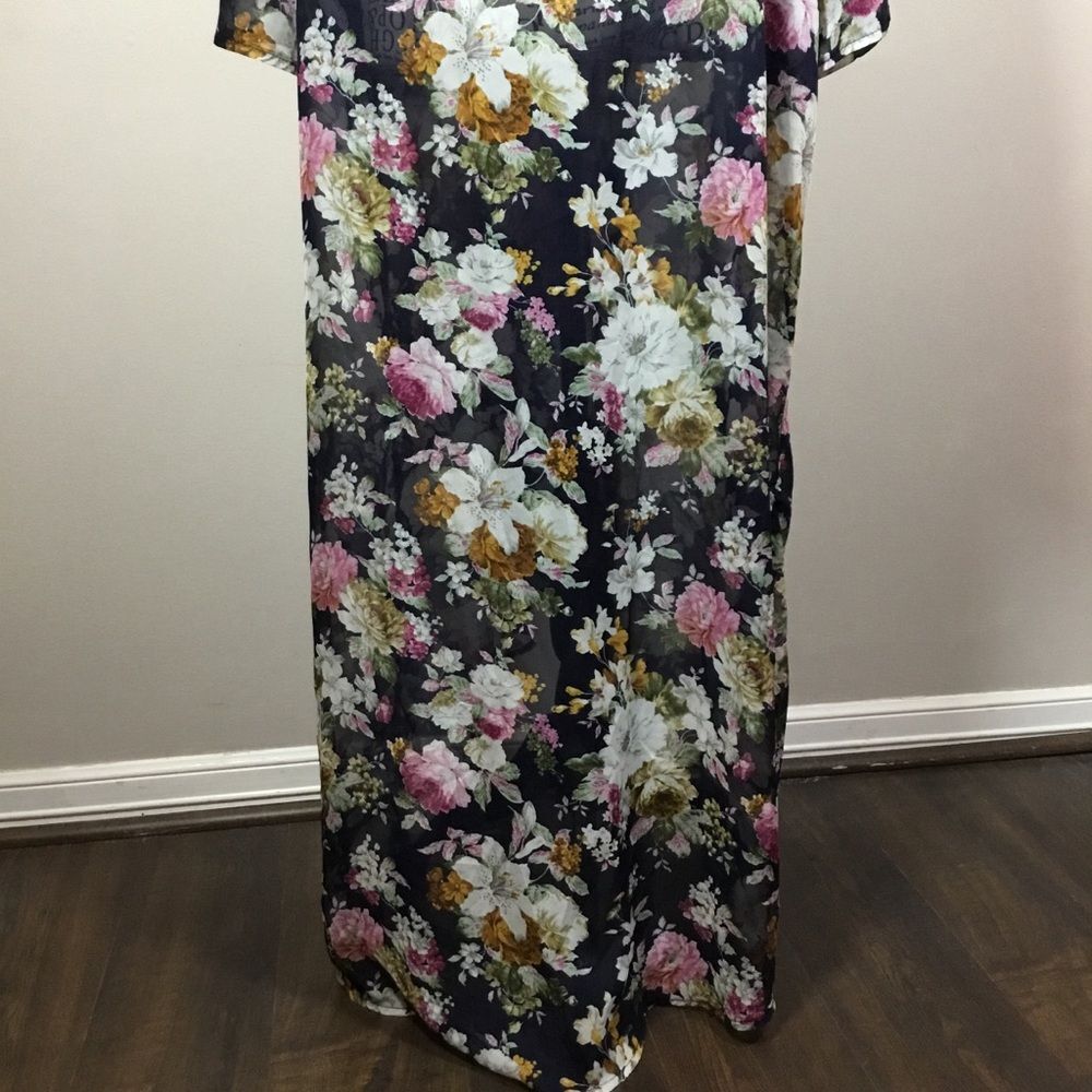 Floral open front black kimono robe duster very long floaty flowy sz 2XL - Picture 6 of 7